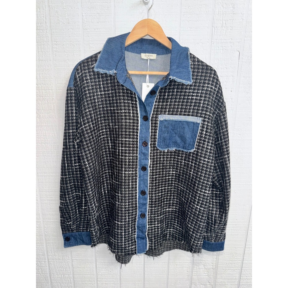 Umgee Shacket Women Black Denim Mixed Media Tweed Frayed Button Down S